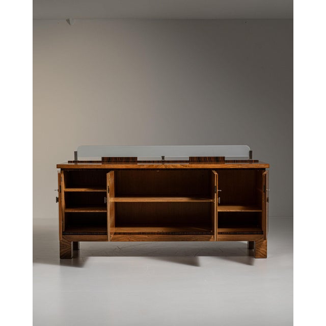 1930-1939 Germany Rich Walnut Brown Glass-Top Walnut Sideboard For Sale - Image 4 of 11