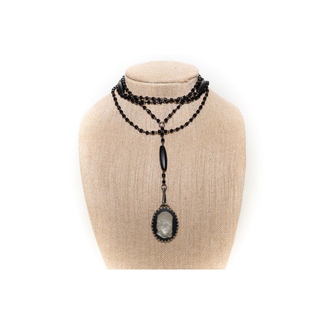 Vintage Black Beaded Wrap Necklace With Lalique Glass Cameo, 1940's For Sale - Image 15 of 18