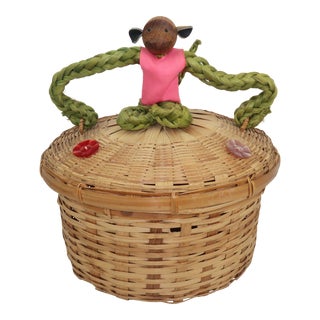 Vintage Teak & Rope Monkey Basket For Sale