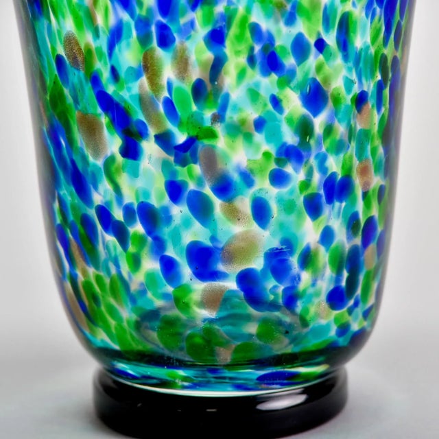 Tall Vintage Blue Green Gold Splatter Art Glass Vase For Sale - Image 9 of 13