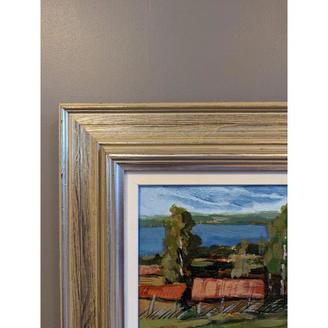 Mid-Century Modern Swedish "Red Houses in Nature" Vintage Expressive Landscape Oil Painting, Framed For Sale - Image 6 of 12