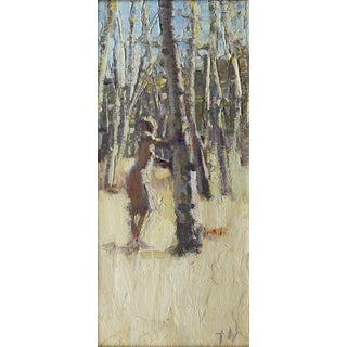 Amongst Aspens by Tiffany Williams | Oil on panel Painting of a figure near aspen trees For Sale
