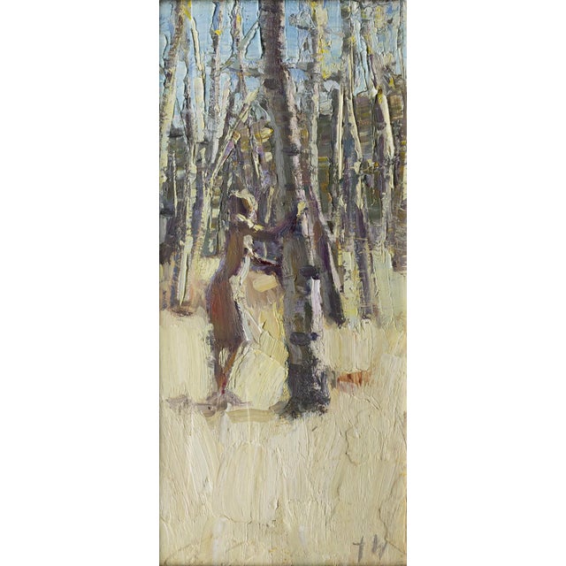 Amongst Aspens by Tiffany Williams | Oil on panel Painting of a figure near aspen trees For Sale