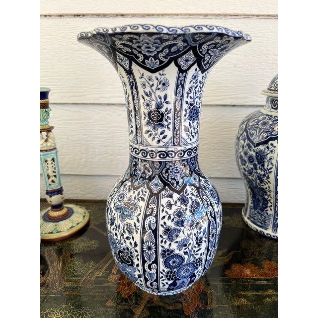 Vintage Large Delft Trumpet Vase Blue and White Floral Boch Royal Sphinx Urn. Direct from Holland, a gorgeous vintage...
