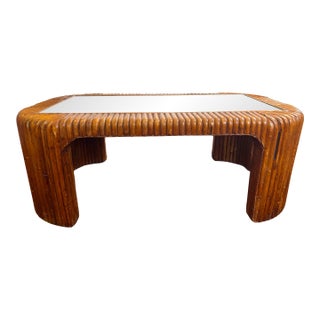 Vintage 1970s Sculptural Bent Split Reed Wood Coffee Table With Mirrored Center — In the Style of Gabriella Crespi For Sale