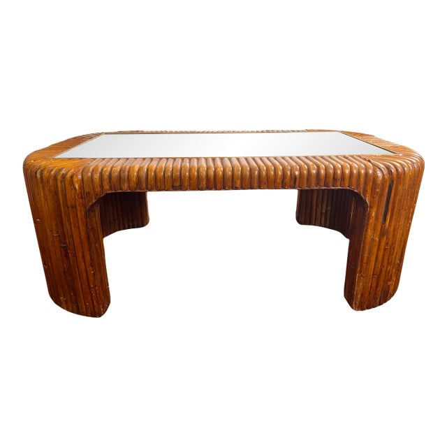 Vintage 1970s Sculptural Bent Split Reed Wood Coffee Table With Mirrored Center — In the Style of Gabriella Crespi For Sale