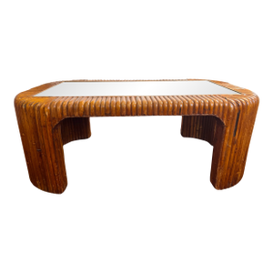 Vintage 1970s Sculptural Bent Split Reed Wood Coffee Table With Mirrored Center — In the Style of Gabriella Crespi