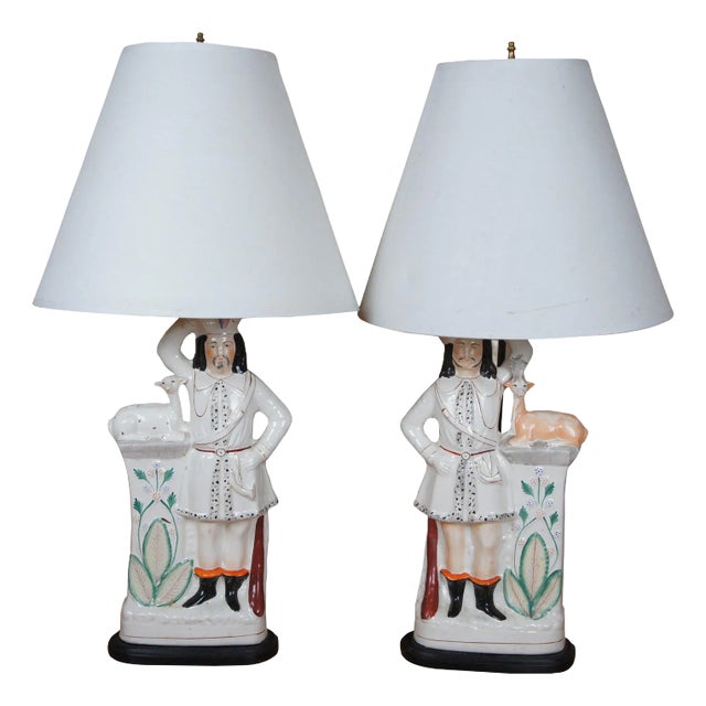 Pair Antique Staffordshire Scottish Highlander Animal Table Lamps For Sale