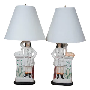 Pair Antique Staffordshire Scottish Highlander Animal Table Lamps