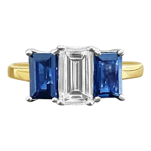 0.92 carat GIA certified Emerald Cut Diamond Engagement ring with Blue Sapphires, Size 6.5