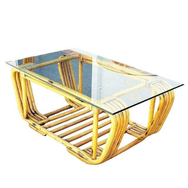 Mid-Century Modern Restored Mid-Century Floating Glass Top Rattan Coffee & Side Table, Pair For Sale - Image 3 of 10