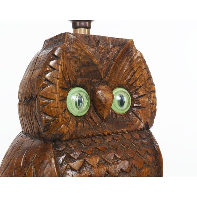 Vintage English Carved Oak Owl Table Lamp, 1950s For Sale - Image 6 of 7