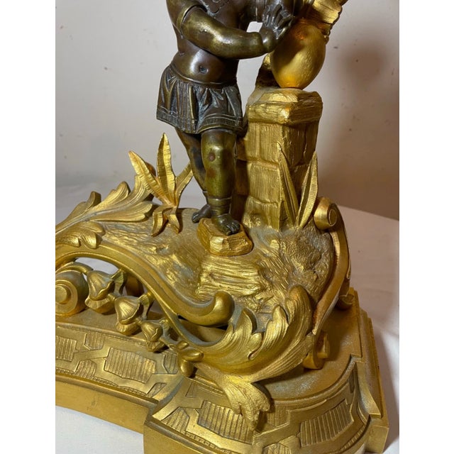 Pair 1800's 2 Tone Ornate Dore Bronze Figural Andirons Chenets Fireplace Fender For Sale - Image 15 of 17