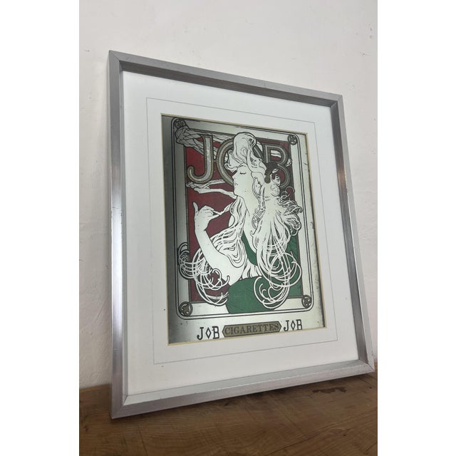 Stunning Mucha art nouveau Job cigarette mirror, featuring an elegant lady wearing a glamorous luscious green dress,...