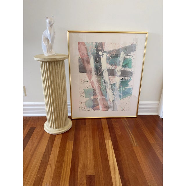 1980’s Pastel Abstract Watercolor in Gold Metal Frame. Encased in glass. Signed and Stamped “Rodolpho 88". Looks great...