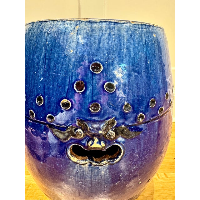Antique Chinese Export Cobalt Blue Glazed Garden Stool, Mask Handles For Sale In New York - Image 6 of 12