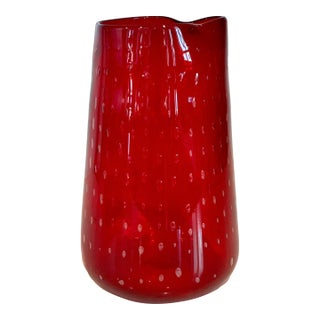 Mid-Century Modern Ruby Red Bullicante Art Glass Strawberry Pitcher Vase Controlled For Sale