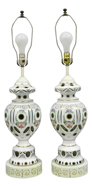 Antique Bohemian Czech Glass Green and White Flower Painted Table Lamps - A Pair
