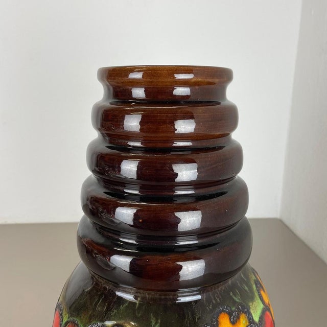 Brown Large Fat Lava Multi-Color Floral Floor Vase attributed to Scheurich, 1970s For Sale - Image 8 of 16