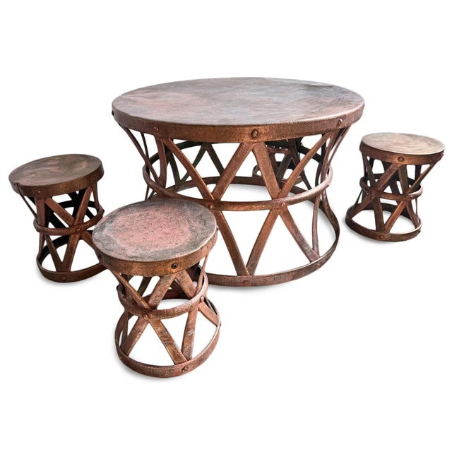 Vintage Industrial Farmhouse Outdoor Copper Round Table & 4 Chairs For Sale In Los Angeles - Image 6 of 9