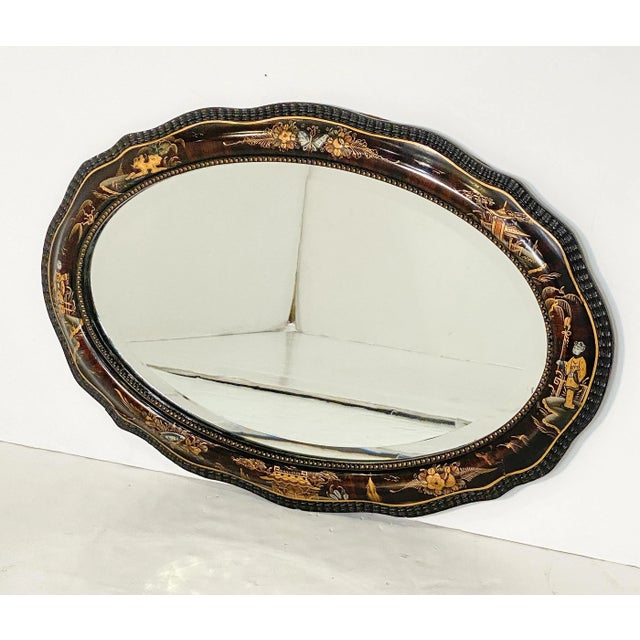 Chinoiserie English Oval Beveled Parlour Mirror With Chinoiserie Lacquer Frame (H 22 X W 32) For Sale - Image 3 of 13