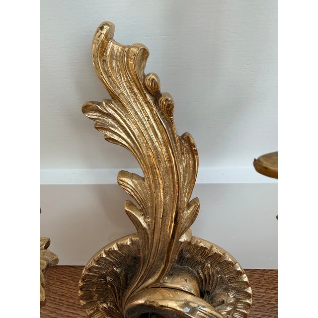 Rococo Vintage Gilt Metal Double-Arm Wall Sconces – Louis XV Rococo Style (Pair) For Sale - Image 3 of 12
