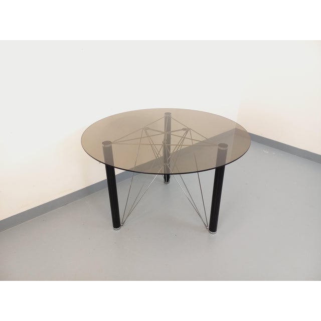Vintage Round Dining Table in Smoked Glass with Black Metal and Chrome Metal, 1980s For Sale - Image 13 of 18