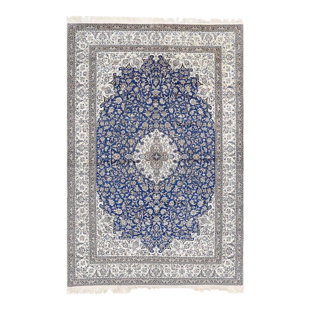 Blue Color Fine Hand Knotted Persian Silk & Wool Nain For Sale