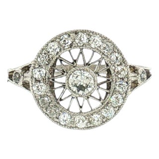 Early 20th Century Edwardian Platinum Hand-Fabricated 21 Old Mine Cut Diamond Disc Ring, Size 5 For Sale