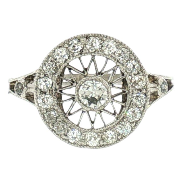 Early 20th Century Edwardian Platinum Hand-Fabricated 21 Old Mine Cut Diamond Disc Ring, Size 5 For Sale