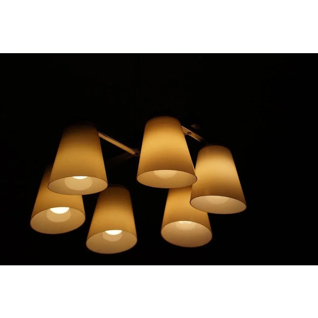 Metal Ceiling Lamp with 6 Handmade Opaline Glass Shades from Lidokov, 1950s For Sale - Image 7 of 11