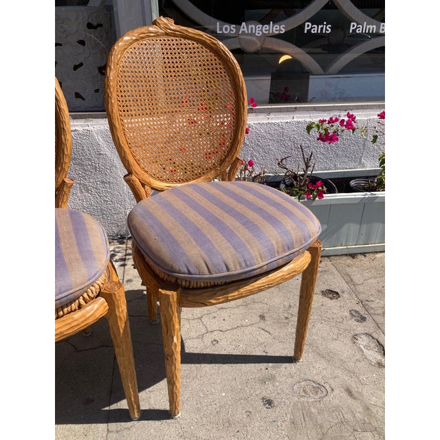 1980s Faux Bois French Style Dining Side Chairs With Cain Backs and Rush Seats - Set of 4 For Sale - Image 5 of 8