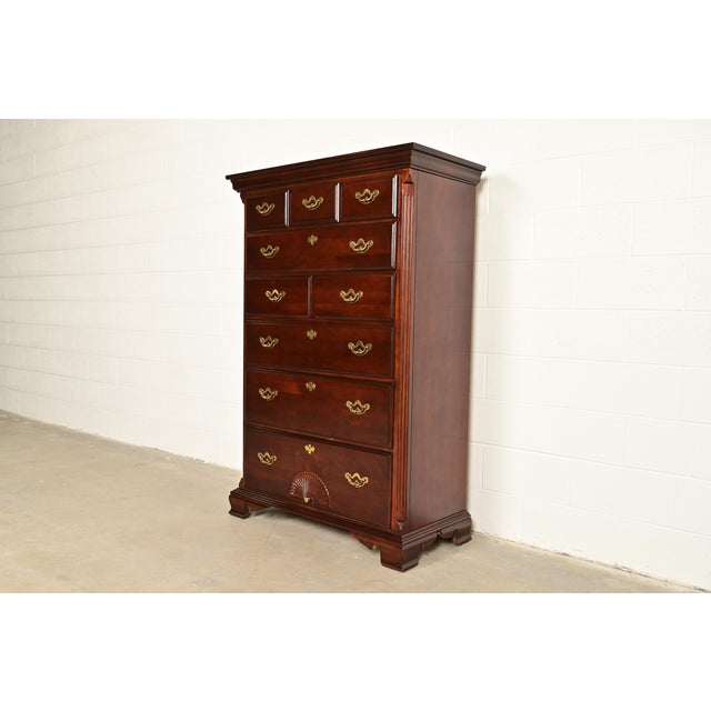 English Thomasville Georgian Carved Cherry Wood Highboy Dresser, Circa 1980s For Sale - Image 3 of 15