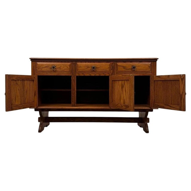 Antique Early 20th Century English Golden Oak Sideboard with Trestle Base For Sale - Image 4 of 13