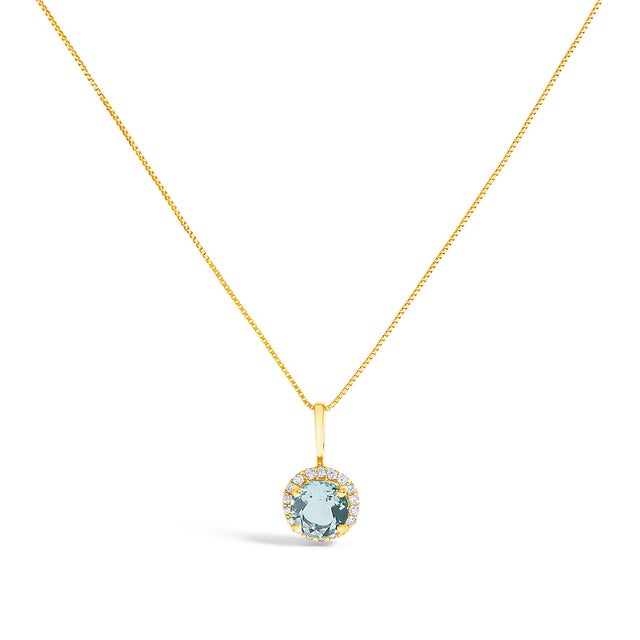 10K Yellow Gold Blue Aquamarine and 3/8 Cttw Diamond Halo Jewelry Set (Earrings, Pendant & Ring) For Sale - Image 4 of 6