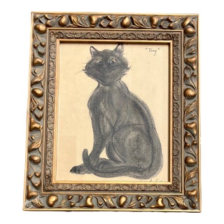 1970’s Original Vintage “Tony” Black Cat Pastel Drawing Ornate Frame For Sale