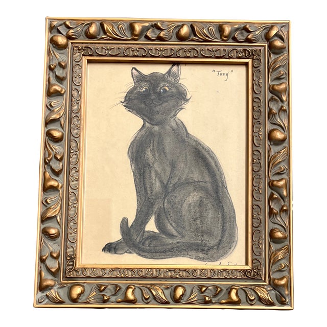 1970’s Original Vintage “Tony” Black Cat Pastel Drawing Ornate Frame For Sale
