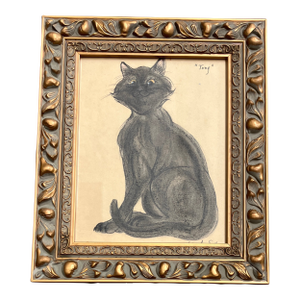 1970’s Original Vintage “Tony” Black Cat Pastel Drawing Ornate Frame