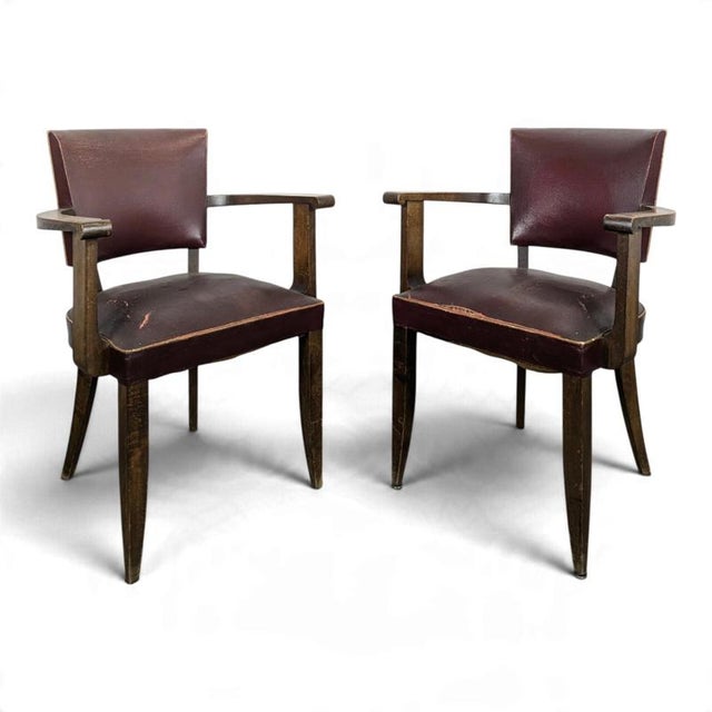 Bridge Chairs in Oak and Burgundy Imitation Leather, 1940s, Set of 2 For Sale - Image 8 of 8