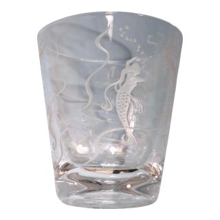 Set of Four Old Fashioned Lowball Etched Glass Tumblers With Mermaids C 1970's For Sale