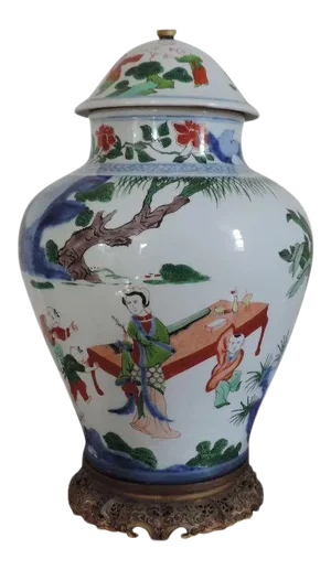 19th Century Chinese Porcelain Wucai Vase Jar & Cover as Lamp