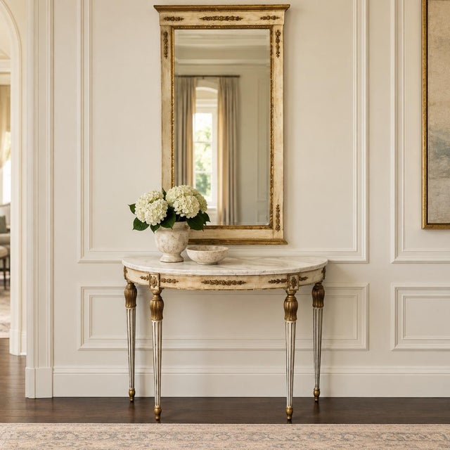 Wood Italian Neoclassical Louis XVI Demilune Marble Top Console Table & Mirror For Sale - Image 7 of 7
