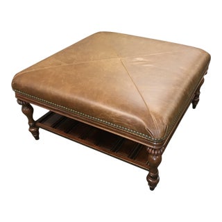 Thomasville Furniture Ernest Hemingway Masai Leather Square Oversized Ottoman With Shelf For Sale