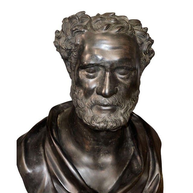 Late 19th C. Italian Bronze Busts of Heraclitus & Archytas on Marble Pedestals - Set of 2 For Sale In Los Angeles - Image 6 of 10