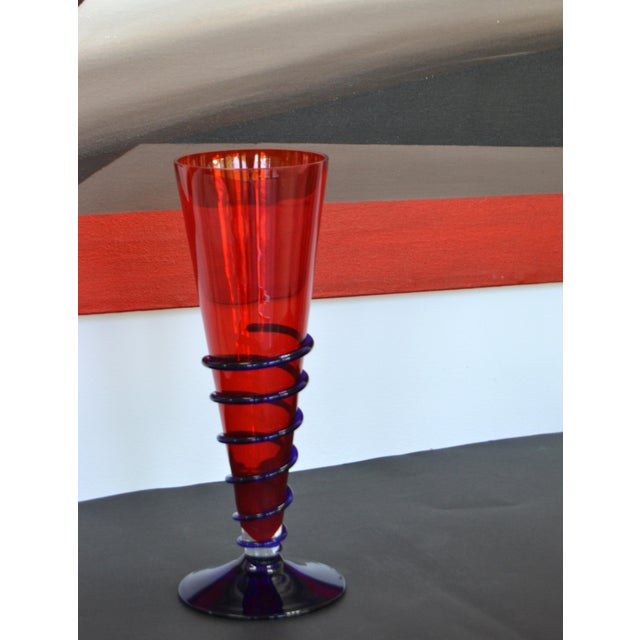 Signed Murano Blown Red Blue Swirl Art Glass Vase Italy For Sale - Image 12 of 12