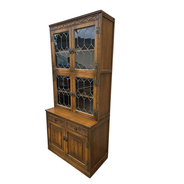 1970s 1970s Vintage Oak Wood Bros Jacobean Cabinet Leaded Glass Hutch Bookshelf Old Charm For Sale - Image 5 of 12