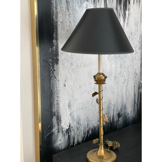Black Vintage Brass Rose Table Lamp Twisted Vine Black Tole Shade Hollywood Regency For Sale - Image 8 of 12