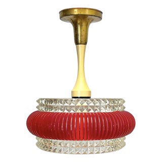 Vintage Pendant Lamp in Red and Clear Plastic with Glass Shade, 1970s For Sale
