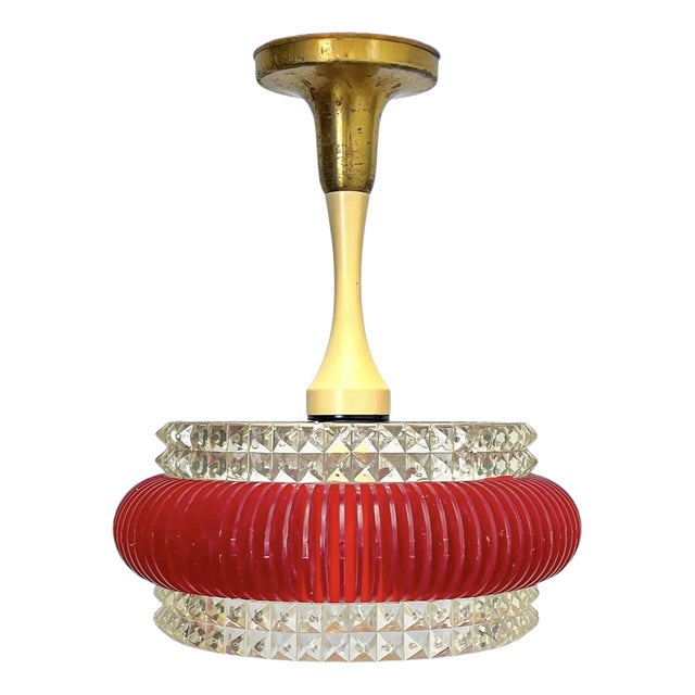 Vintage Pendant Lamp in Red and Clear Plastic with Glass Shade, 1970s For Sale