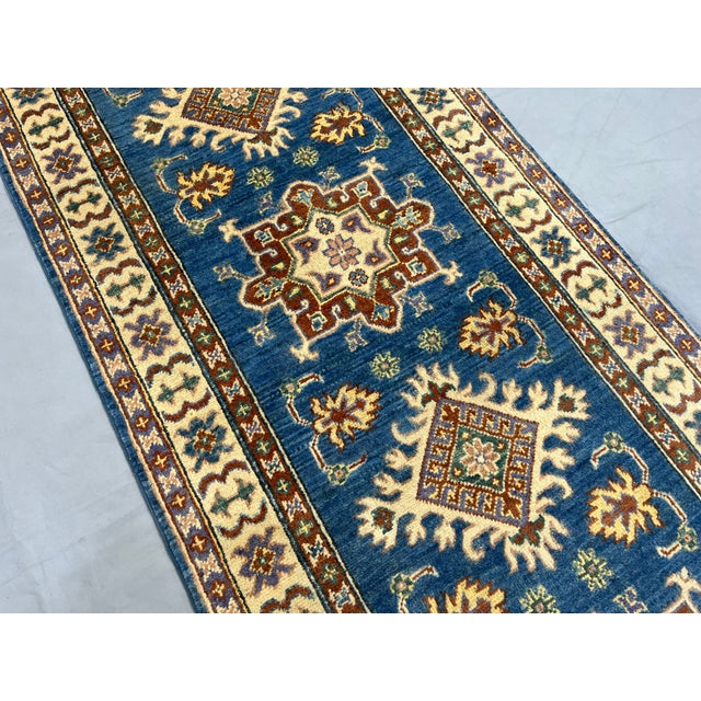 Art Deco Blue and Beige Kazak-Style Wool Runner Rug, Natural Dyes, 2'8" X 9'9" For Sale - Image 3 of 14